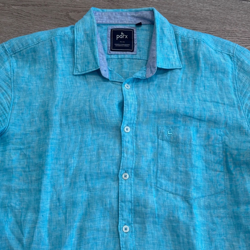 Parx Linen Button Down Mens‎ 42 CM Turquoise Slim Fit Long Sleeve XMSS10167-B4
